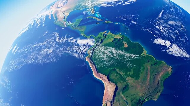 A high-angle view of Earth highlighting Central & South America, oceans, continents, clouds, and bright blue sky