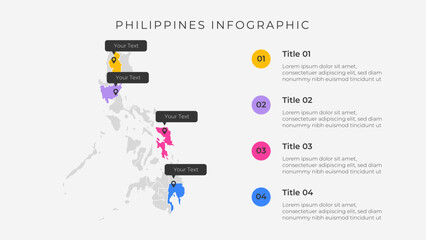 Philippines map infographic template with 4 options. Philippines administrative map infographic for presentation.