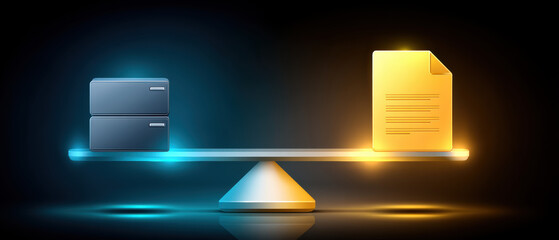 Digital document concept showing file icon balanced with server storage scale conveying data