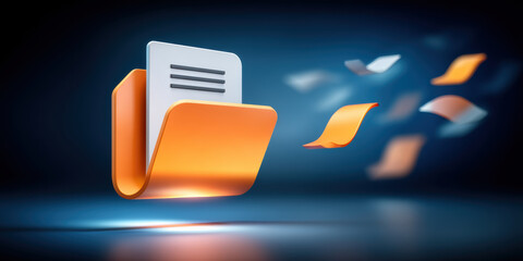 Digital document folder icon with floating pages conveying organized file transfer and modern