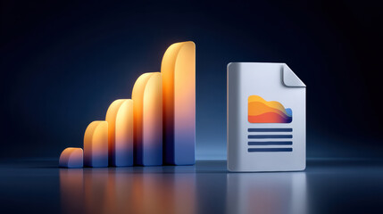 Digital document showing colorful data chart and rising bar graph in blue studio lighting