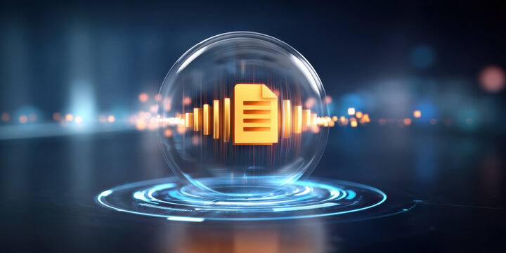 Digital document glowing file icon in futuristic bubble with soundwave and neon light - Powered by Adobe