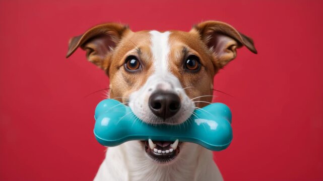 Jack Russell Terrier dog holding a blue bone toy in its mouth. Close-up portrait of a playful pet on a red background. Looping video of a canine with a chew toy. Pet care and play concept