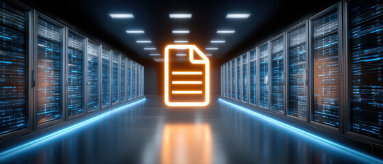 Neon document digital server room data file glowing archive secure