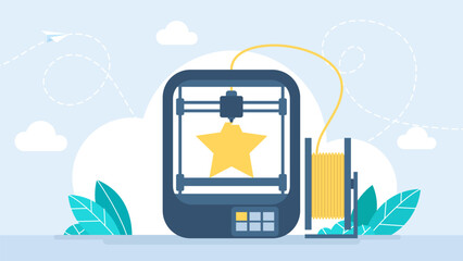 3D Printer Device. 3d star. Features a modern 3D printer. Tech, engineering, and manufacturing projects. Print object single line ribbon.  Vector illustration 