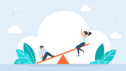 A man and a woman are swinging on a balance swing. The man is crying, the woman is happy. Mood swings. Emotions change. Psychology disorder. Concept of influence, emotional abuse. Vector illustration