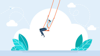 Man sways on a swing. Motivated businessman. Creativity and imagination to create content, writer or creator inspiration for new idea, think and brainstorm concept. Vector illustration