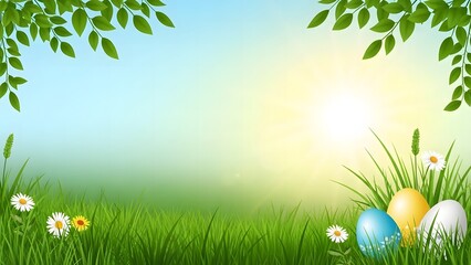 Fototapeta premium Easter eggs in a vibrant spring meadow with flowers and leaves