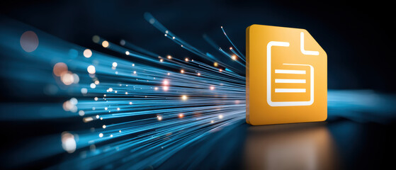 Digital document icon with glowing fiber optic streaks conveying fast file transfer and modern