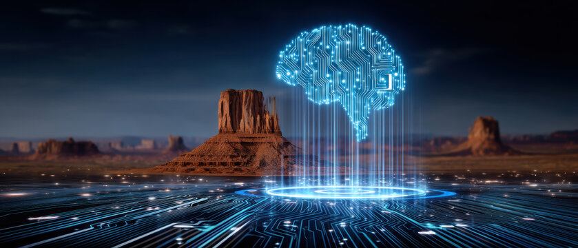 Digital document holographic brain rising above desert circuit board landscape with glowing - Powered by Adobe
