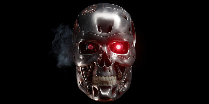 A cyborg skull with glowing red eyes, metallic details, and smoke effects