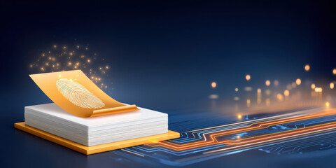 Digital document glowing fingerprint on paper pad with circuit trail and futuristic light