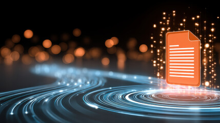 Digital document glowing file icon above futuristic data stream with bokeh lights and spark