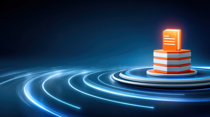 Digital document on glowing data stack pedestal with circular neon rings and futuristic lighting