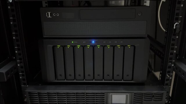 Detailed View of a Network Storage Rack System Featuring Multiple Drives and Active Indicators