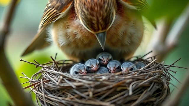 featherless. A mother bird with her wings spread, sheltering her baby birds. wildlife magazines, conservation campaigns, designed for wildlife conservation campaigns, used by presentation designers.