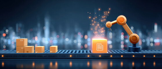 Digital document automation concept with robotic arm placing package conveyor conveying