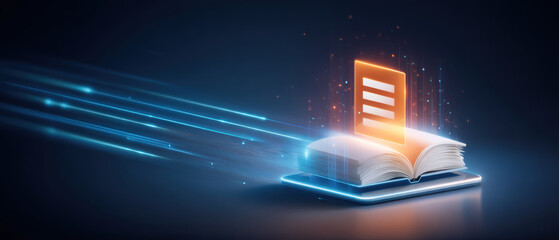 Digital document learning concept with glowing book and tablet in futuristic light trail scene