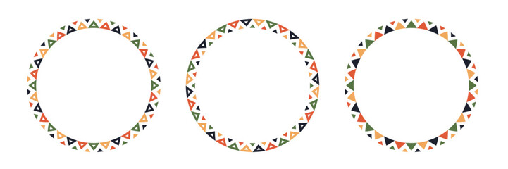 Fototapeta premium Mexican pattern circle frame. African ethnic motif border. Aztec triangular ornament round frame. Mexican text frame. African ethnic culture ornament. Vector illustration isolated on white background.