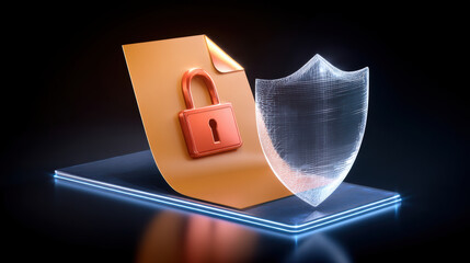 Digital document protected by padlock and glowing shield symbolizing cybersecurity and privacy