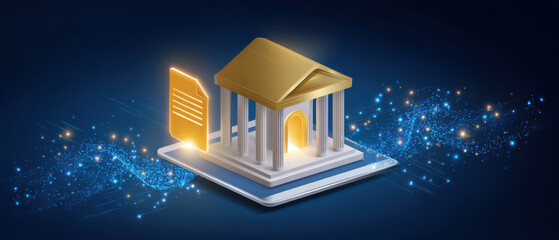 Digital document concept showing classical building tablet glowing futuristic bank portal with