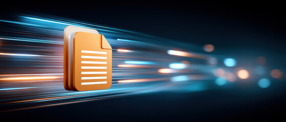 Digital document icon moving through light trails conveying fast file transfer and secure sharing