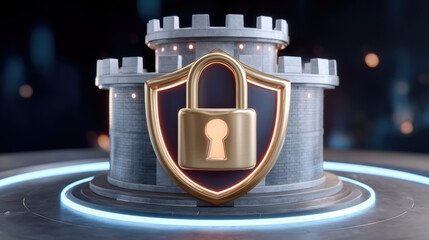 Digital document shield with golden padlock protecting castle stronghold in futuristic scene
