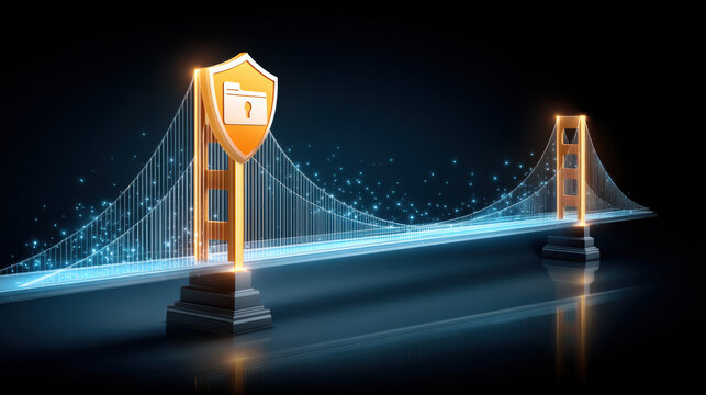 Digital document security bridge concept with glowing shield protecting data flow - Powered by Adobe