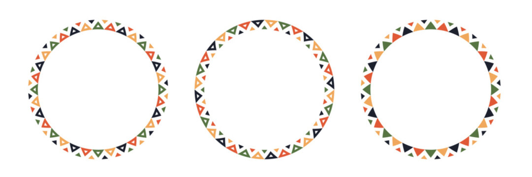 Mexican pattern circle frame. African ethnic motif border. Aztec triangular ornament round frame. Mexican text frame. African ethnic culture ornament. Vector illustration isolated on white background.
