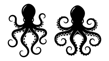 Two black octopus silhouettes with curled tentacles in a decorative nautical vector style, ideal for tattoo art © Giorgi