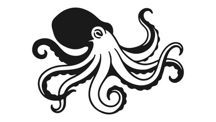 Fototapeta premium Stylized black octopus silhouette with flowing, curled tentacles black and white illustration
