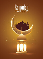 Ramadan Kareem Poster With Glowing Lantern Crescent Moon Mosque Islamic Celebration
