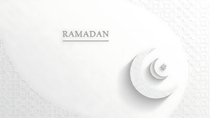 Elegant minimalist white and grey design with stylized crescent moon and subtle geometric patterns, perfect for cultural or spiritual celebration greetings and backgrounds