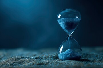 A striking, contemporary hourglass with shimmering blue glitter sand gracefully flows from its upper bulb to the lower, resting on a matching textured, granular surface. Illuminated by a cool, ambient