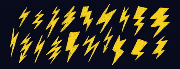 Doodle crayon lightning symbol. Hand drawn chalk lightning with grunge texture. Graphic element for fun collages. Crayon doodle yellow thunder. Vector pencil illustration isolated on black background.