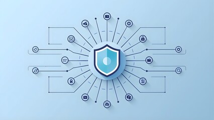 A cybersecurity shield icon with a blue and white design, surrounded by connected lines and symbols on a light blue background, representing online protection and security.