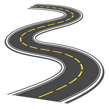 "Winding Two-Lane Road Illustration with Dashed Yellow Centerline"