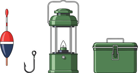 Fishing equipment set with bobber, hook, vintage lantern and tackle box, outdoor angling gear, camping adventure elements, hobby lifestyle, white background. © Munmun