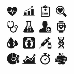 Fototapeta premium Healthcare icons set: heartbeat, dna, doctor, fitness, nutrition, medicine, analysis
