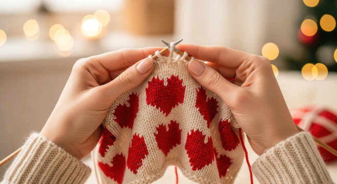 Hands of a woman knitting a cozy sweater with heart patterns, surrounded by festive decorations and warm ambiance, showcasing a creative hobby