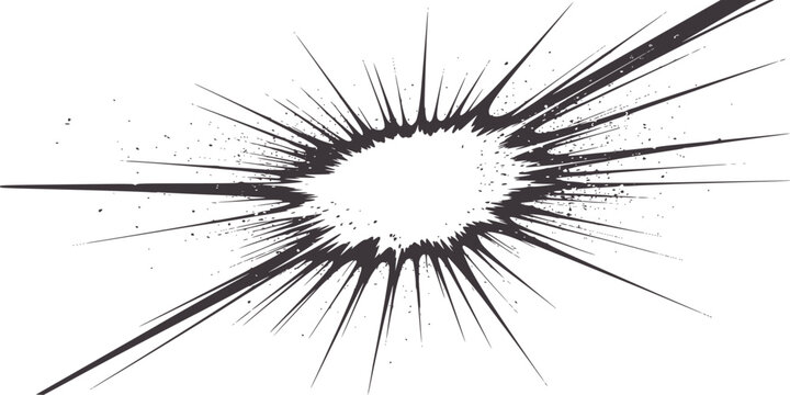 Black and explosive burst with scattered particles and sharp radiating lines explosion
