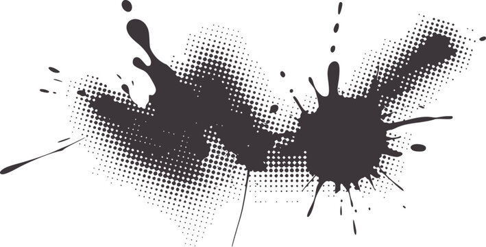 Black ink splatters and halftone dots abstract splash