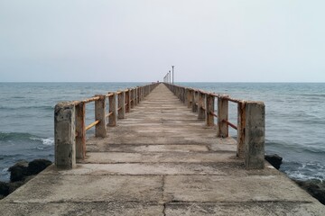 Fototapeta premium This serene image captures a long, weathered concrete pier gracefully extending into the calm, muted blue-gray sea under an expansive overcast sky. The sturdy structure is characterized by its rustic 
