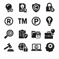 Intellectual property icons including copyright trademark patent and security symbols