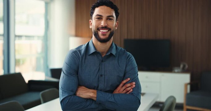 Laughing, face and businessman with arms crossed, office and paralegal with career growth and pride. Confident, legal assistant and person with smile in law firm, ambitious and opportunity in Cuba