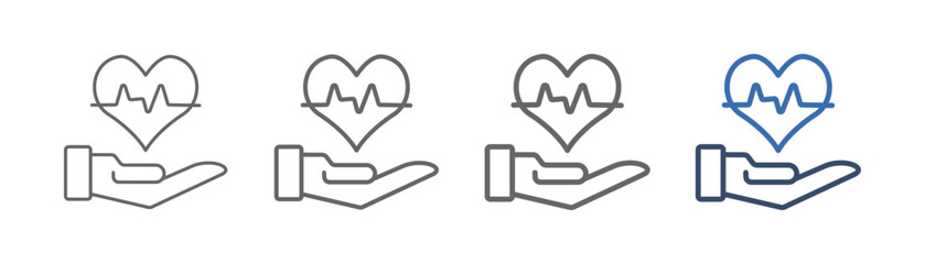 
outline icon set cardiovascular with hand, heart and heartbeat design