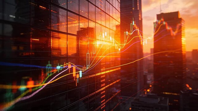 Financial market chart overlay on city skyscraper facade at sunset with warm lighting and urban backdrop