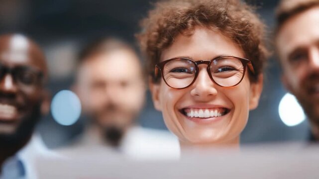 Collaboration and Cohesion: A close-up view presents a collaborative moment, with the forefront face displaying a wide, welcoming smile, suggesting the bond of trust and teamwork within the group.