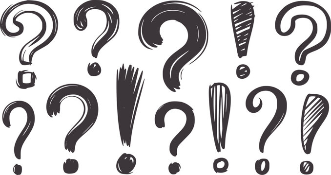 Collection of hand drawn dark grey question marks and exclamation points