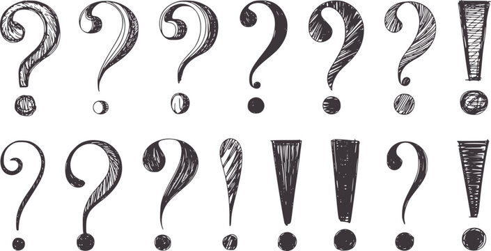 Collection of hand drawn question marks and exclamation points